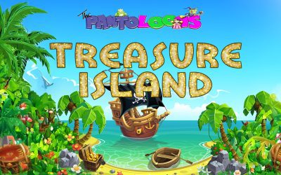 Pirate ship and treasure chest in the bay