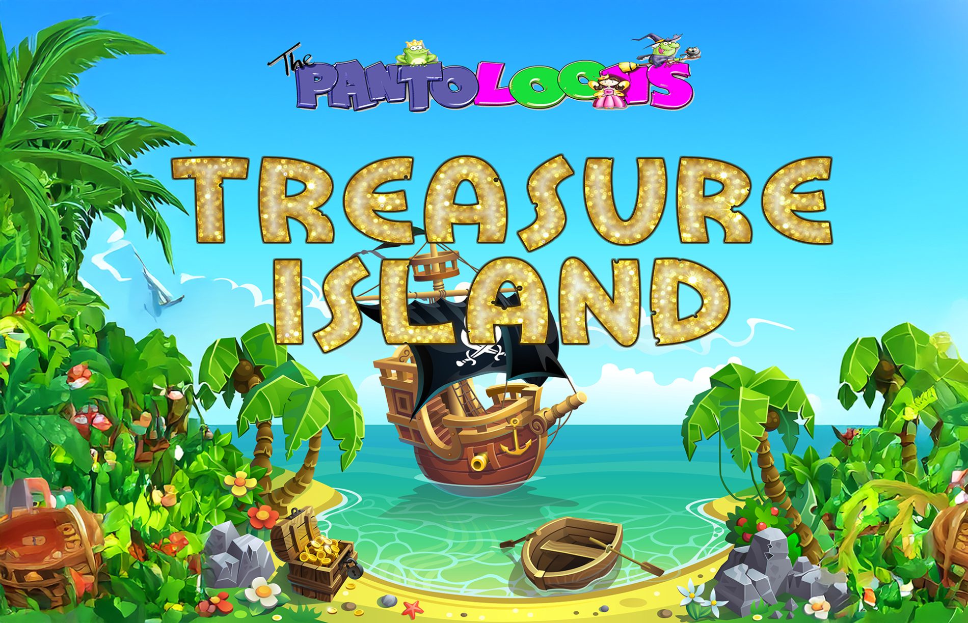 Pirate ship and treasure chest in the bay